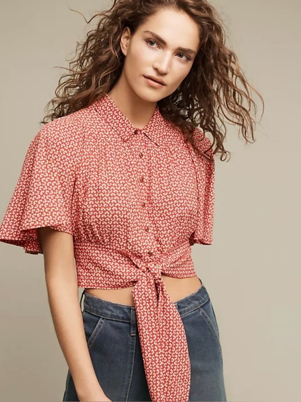 Maeve Red Print Tie-Front Button Shirt from Anthropologie